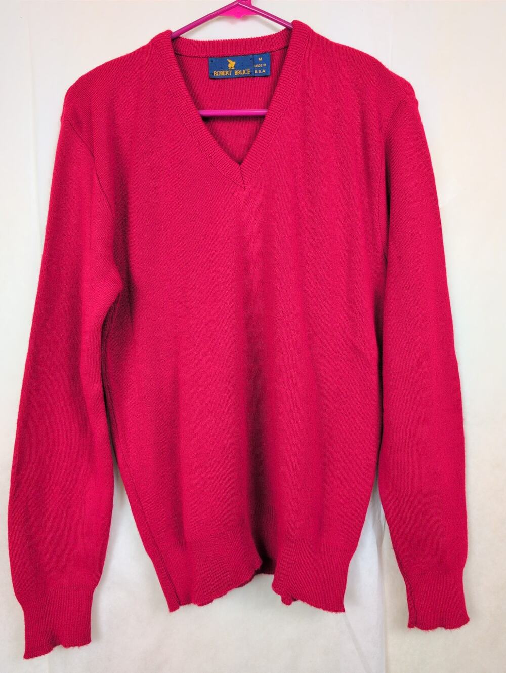Vintage Robert Bruce red Vneck sweater Size M made in USA 80s Preppy Classic